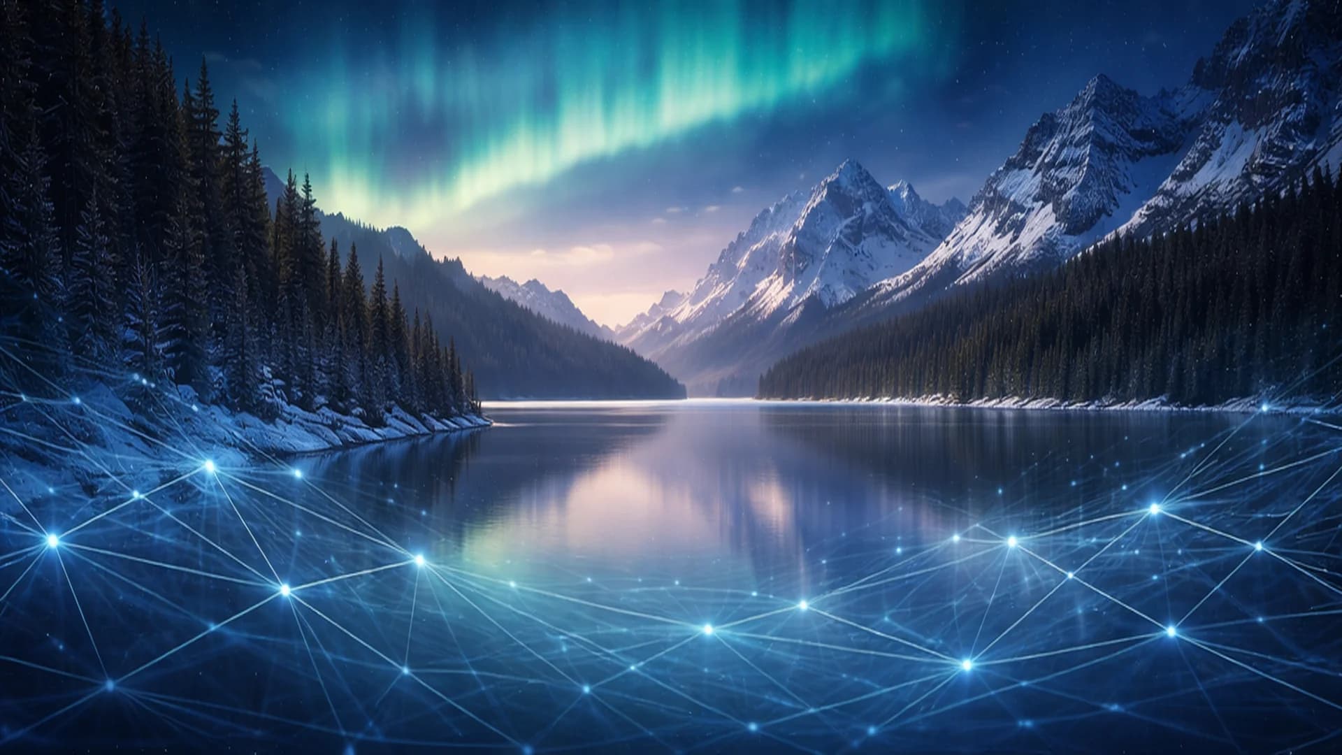 Revontulet vuoristomaiseman ja verkottuneen järven yllä