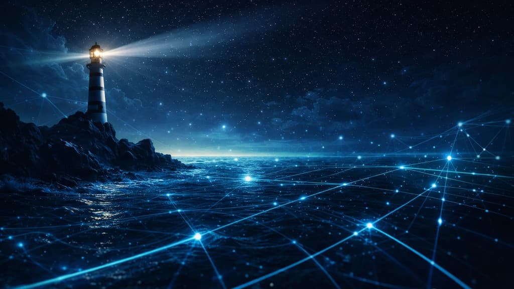 Lighthouse at night with a digital network across the sea